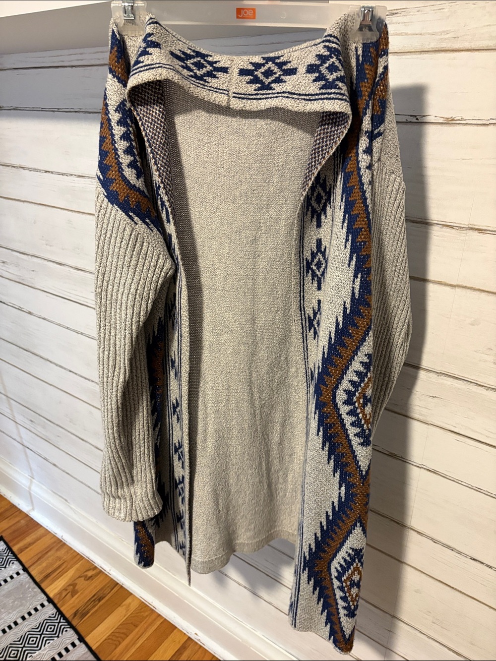 Cozy Aztec Open-Front Cardigan Sweater - Neutral with Blue & Brown